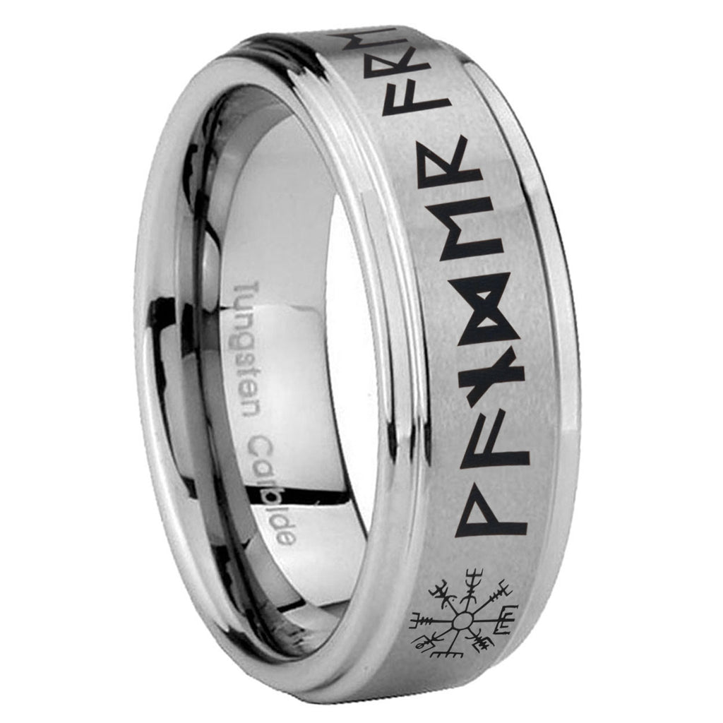 8mm Viking Step Edge Brushed Silver Tungsten Ring