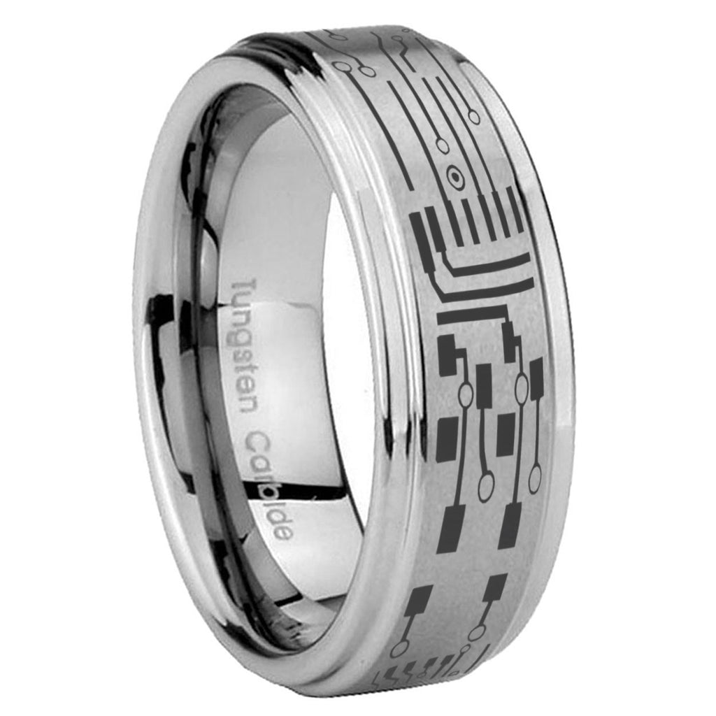 8mm Circuit Board Step Edge Brushed Silver Tungsten Ring