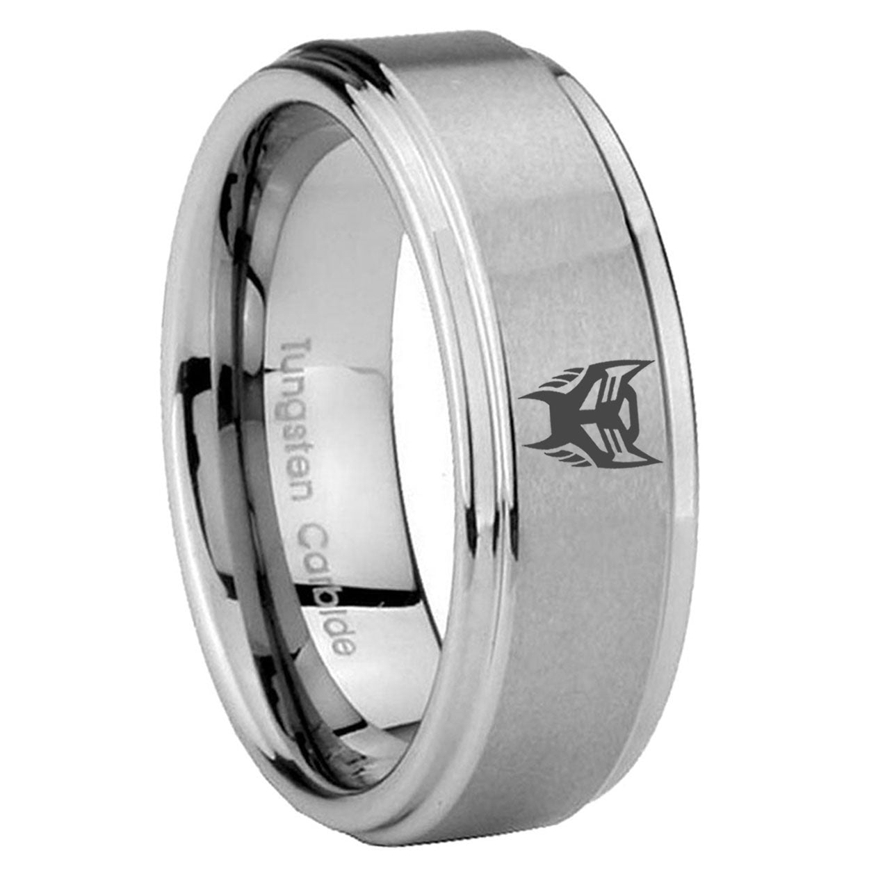 8mm Transformers Insignias Step Edge Brushed Silver Tungsten Ring