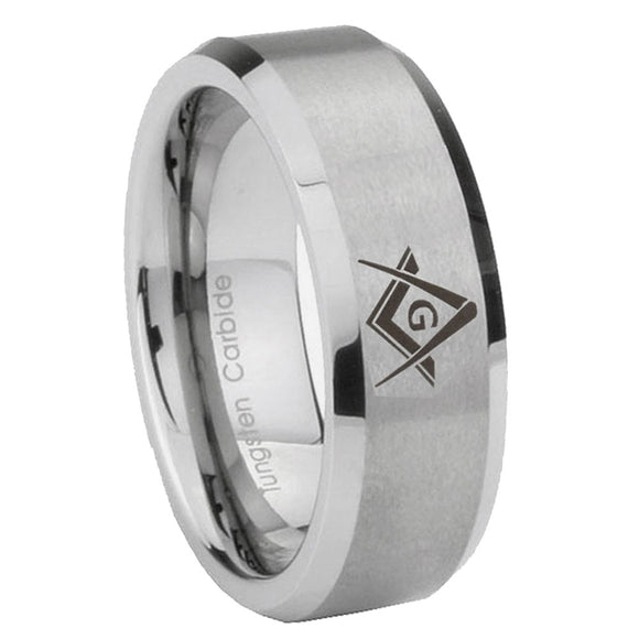6, 8mm Freemason Masonic Beveled Edge Brushed Grey Tungsten Mens Ring