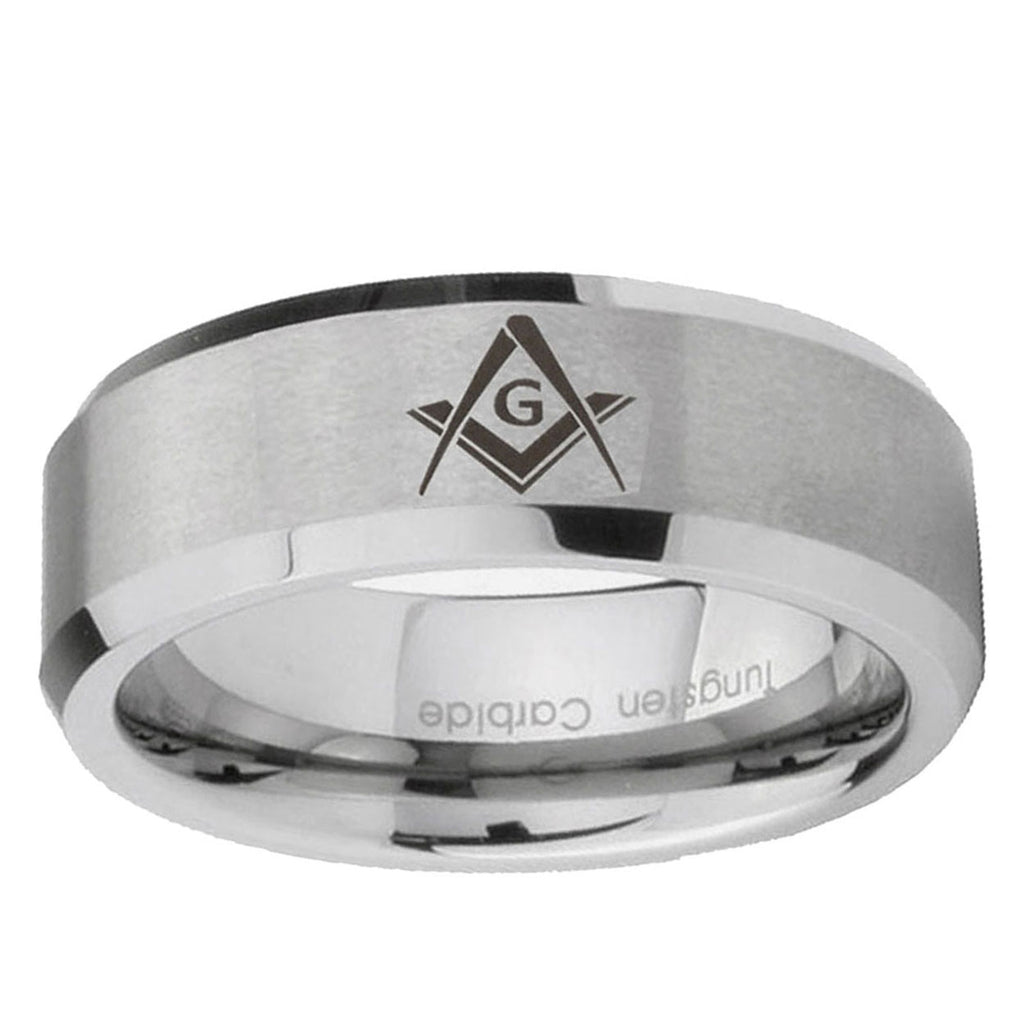 6MM Freemason Masonic Beveled Brushed Gray Tungsten Rings For Men