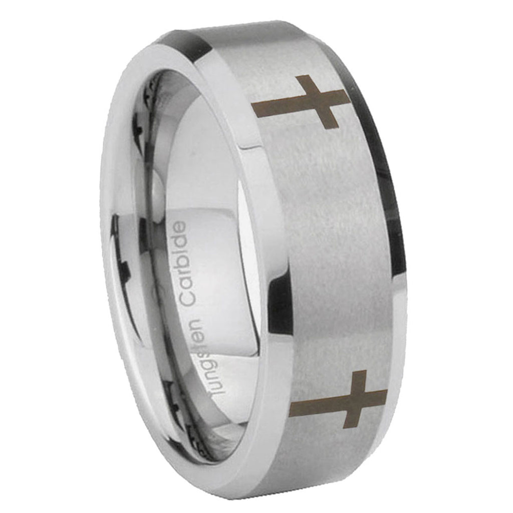 8MM Crosses Beveled Brushed Gray Tungsten Ring For Man