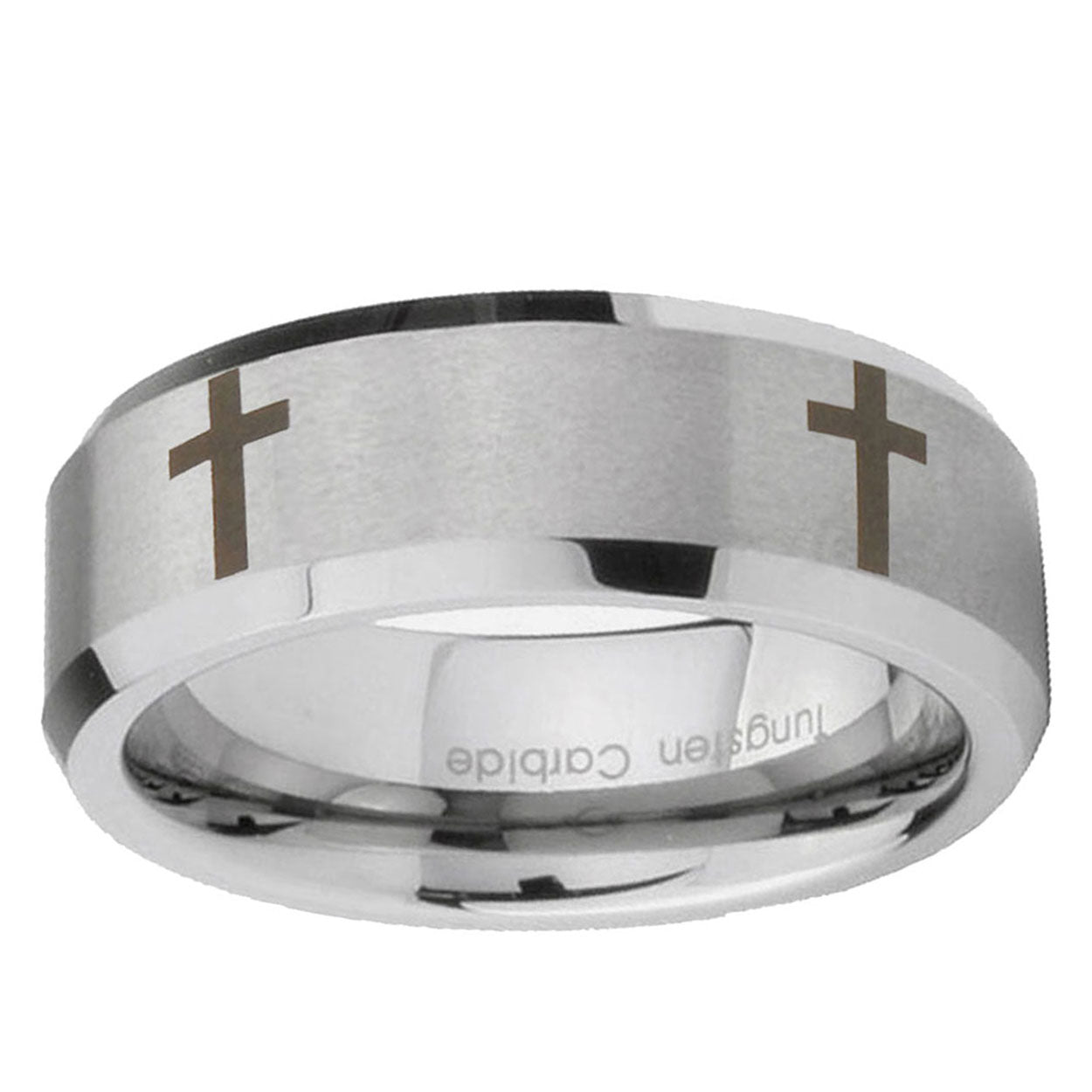 6MM Crosses Beveled Brushed Gray Tungsten Ring For Man