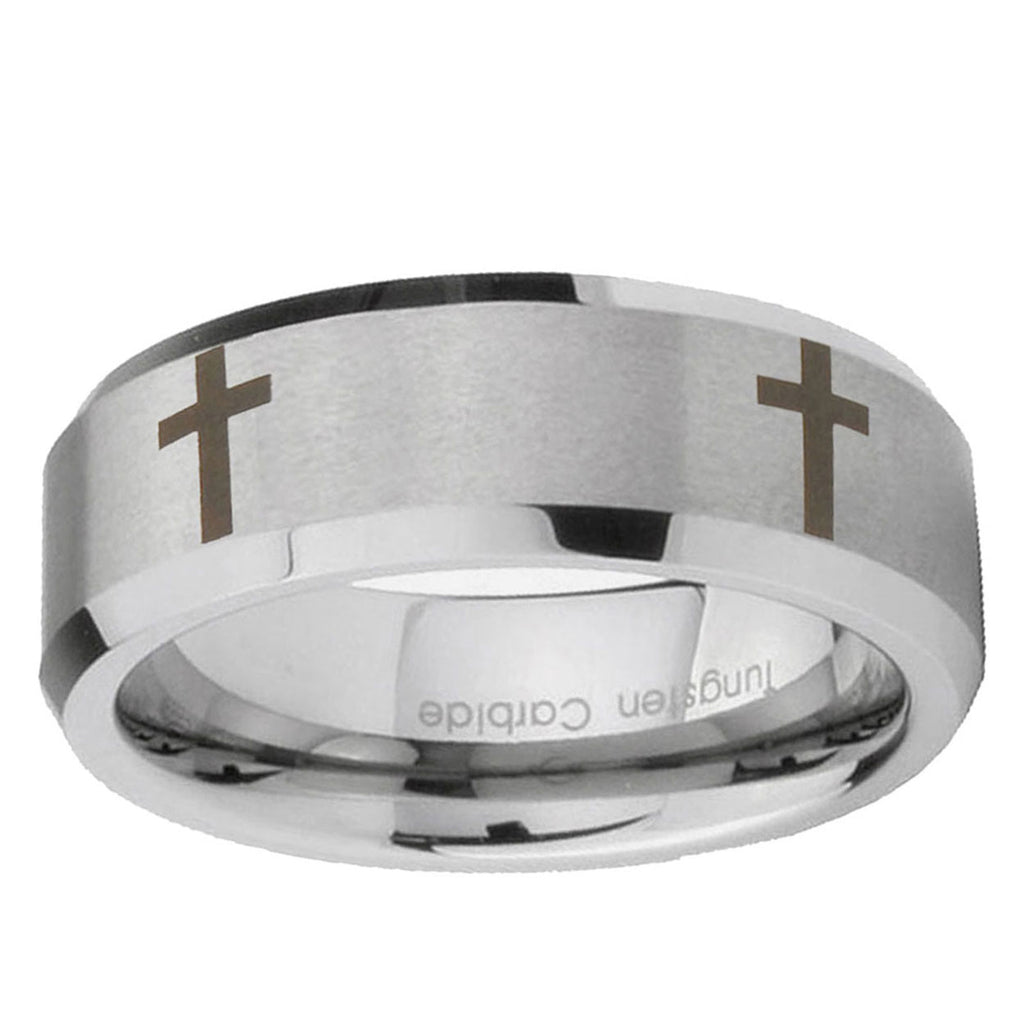 10mm Crosses Beveled Edge Matte Grey Tungsten Ring