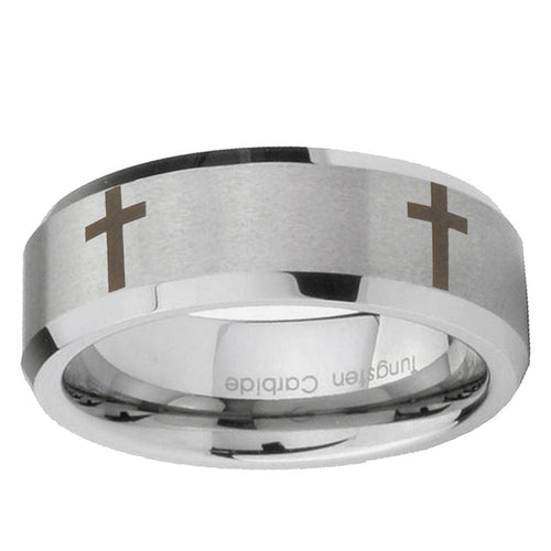 10mm Crosses Beveled Edge Matte Grey Tungsten Ring