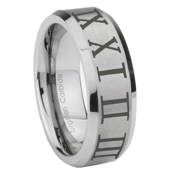 10mm-Roman-Numeral-Beveled-Edges-Matte-Grey-Tungsten-Wedding-Engagement-Ring