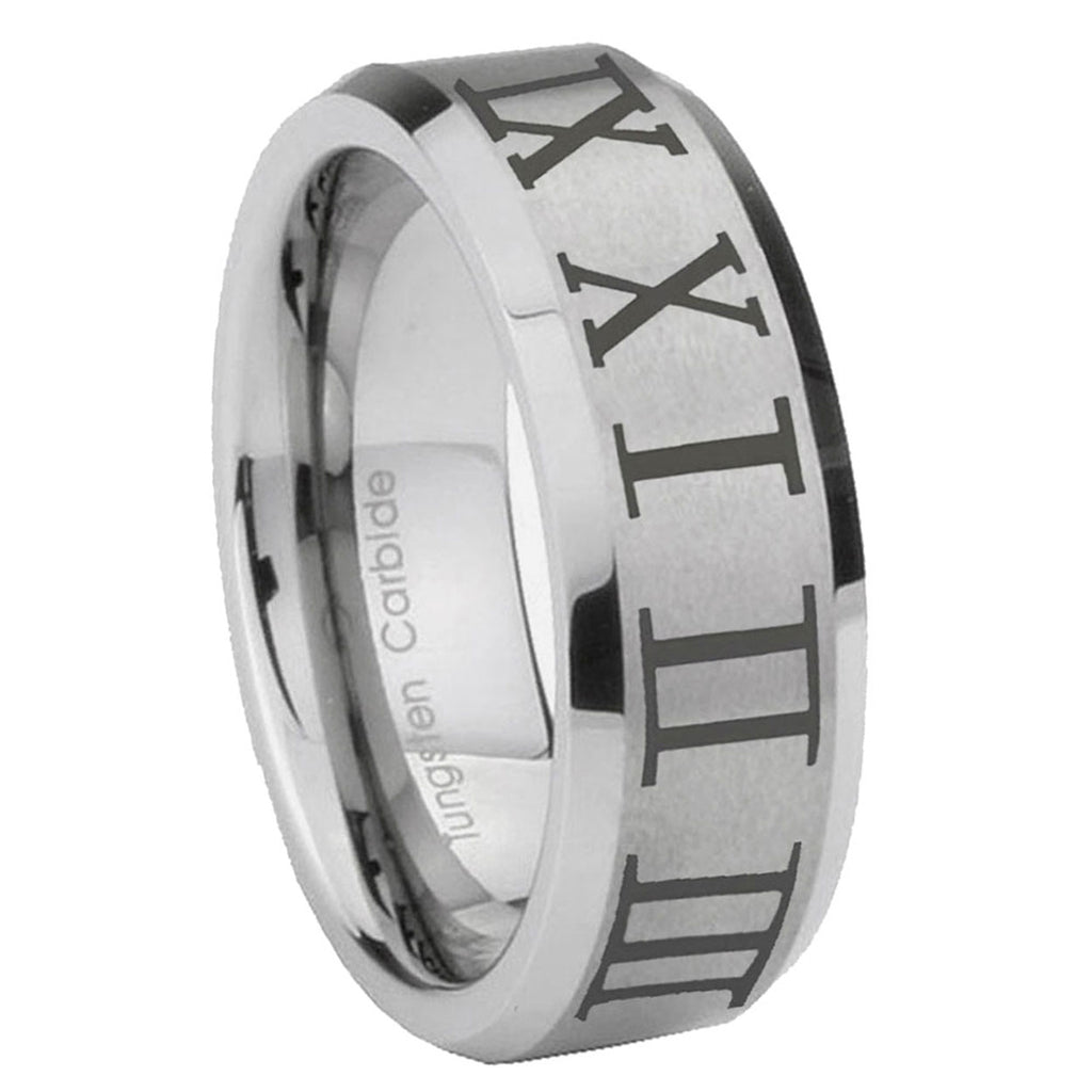 8MM Roman Numeral Beveled Brushed Gray Tungsten Custom Ring