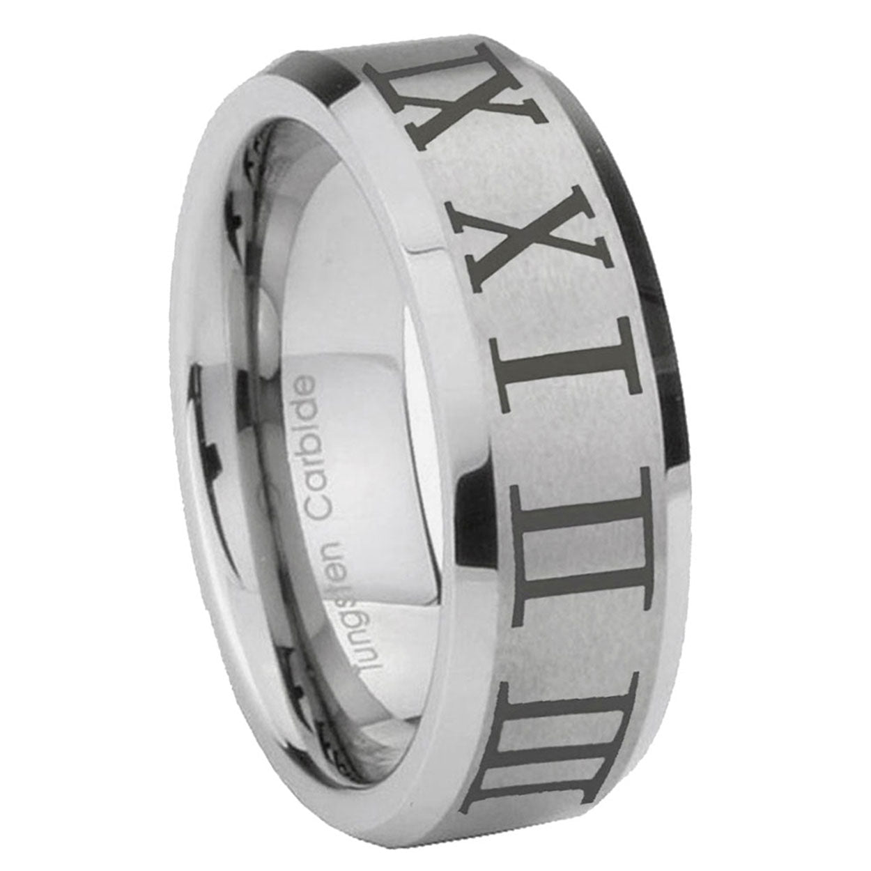8MM Roman Numeral Beveled Brushed Gray Tungsten Custom Ring