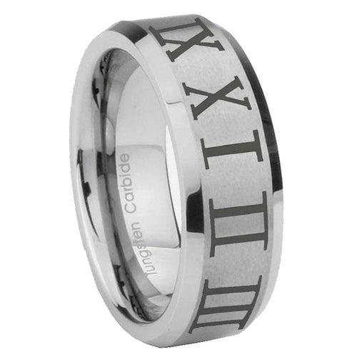 10mm Roman Numeral Beveled Edges Matte Grey Tungsten Wedding Engagement Ring