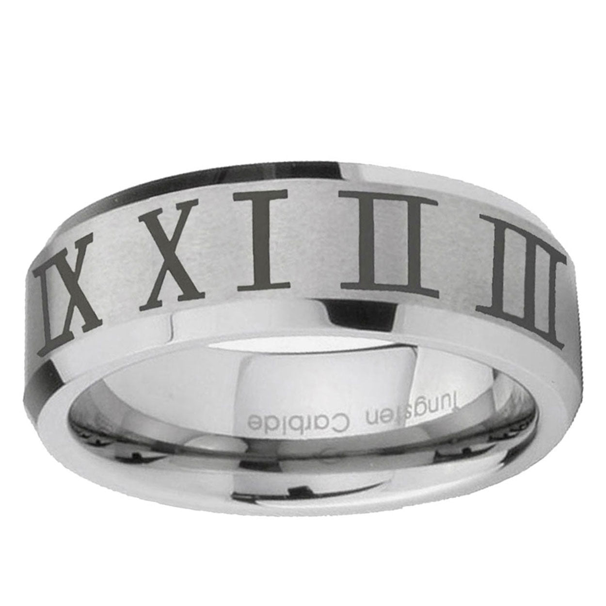 6MM Roman Numeral Beveled Brushed Gray Tungsten Custom Ring