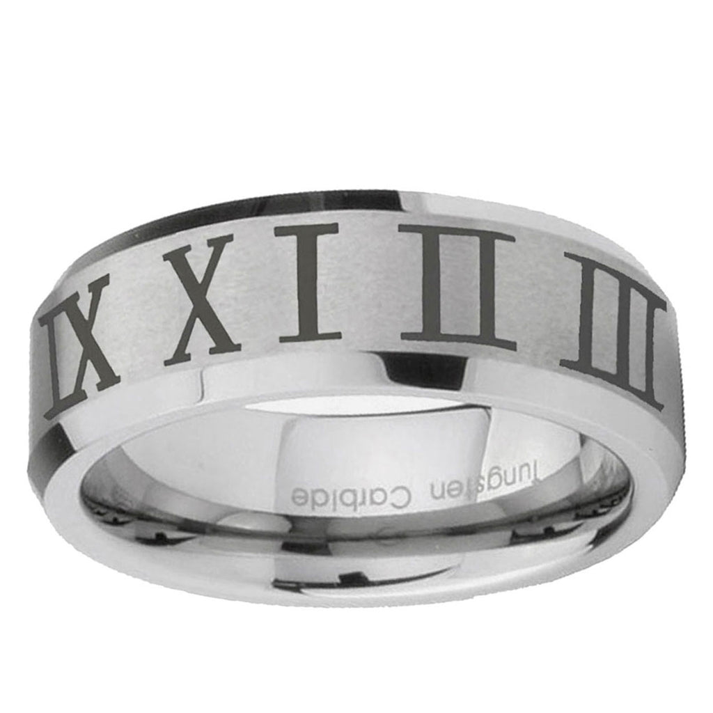 10mm Roman Numeral Beveled Edge Matte Grey Tungsten Ring