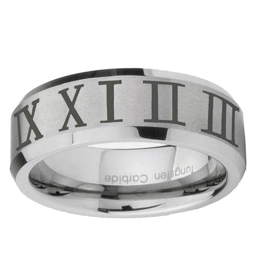 10mm Roman Numeral Beveled Edge Matte Grey Tungsten Ring