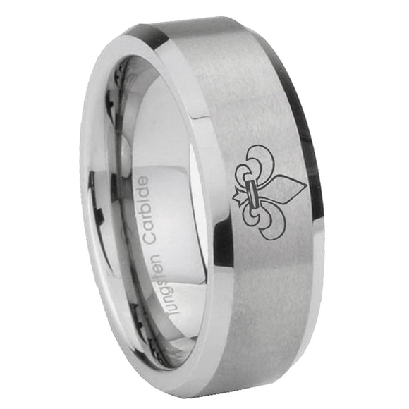 10mm-Fleur-De-Lis-Beveled-Edges-Matte-Grey-Tungsten-Carbide-Mens-Ring-Engraved