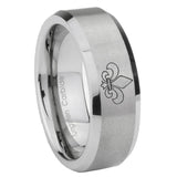 10mm-Fleur-De-Lis-Beveled-Edges-Matte-Grey-Tungsten-Carbide-Mens-Ring-Engraved