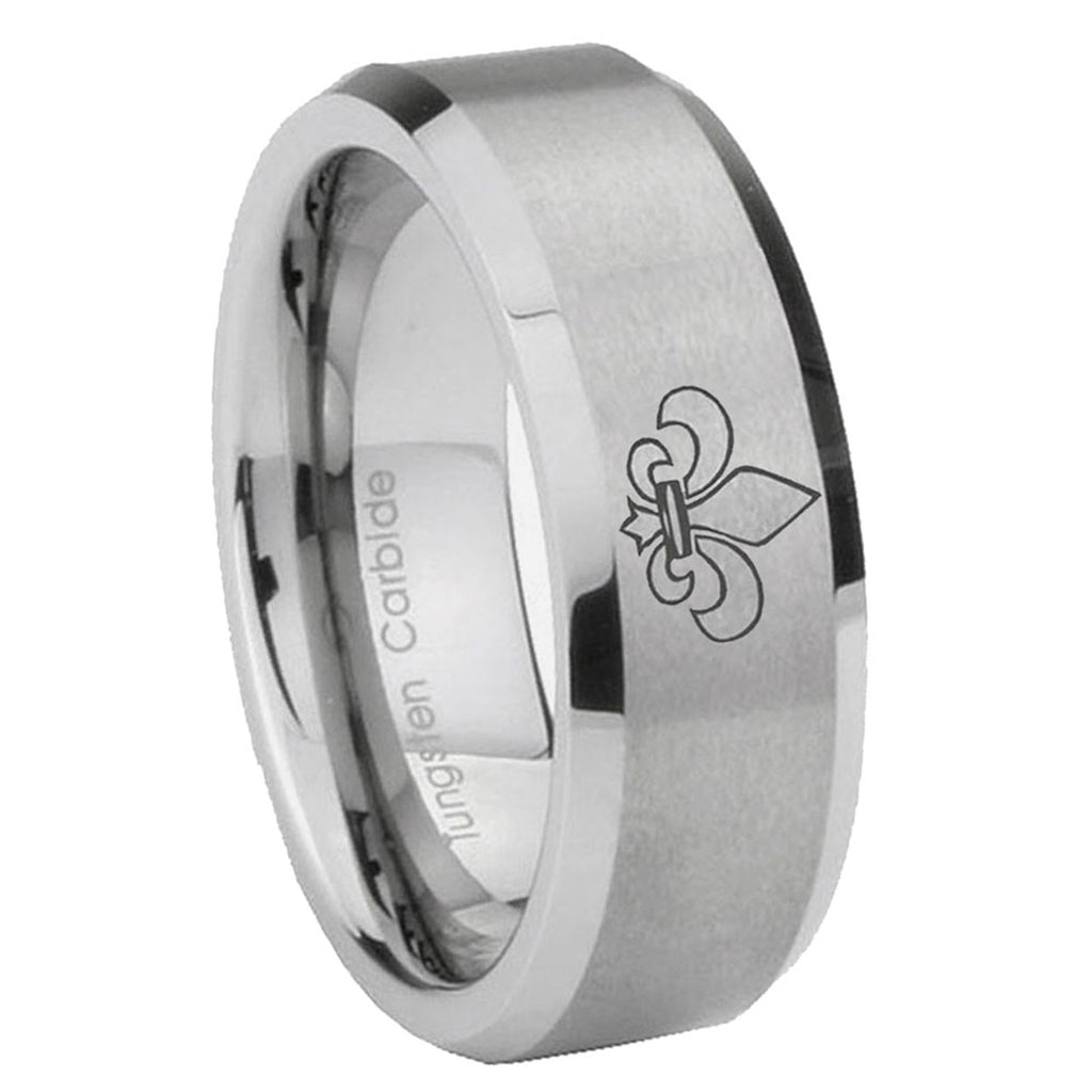 8MM Flaneur-De-Lis Beveled Brushed Gray Tungsten Mens Ring