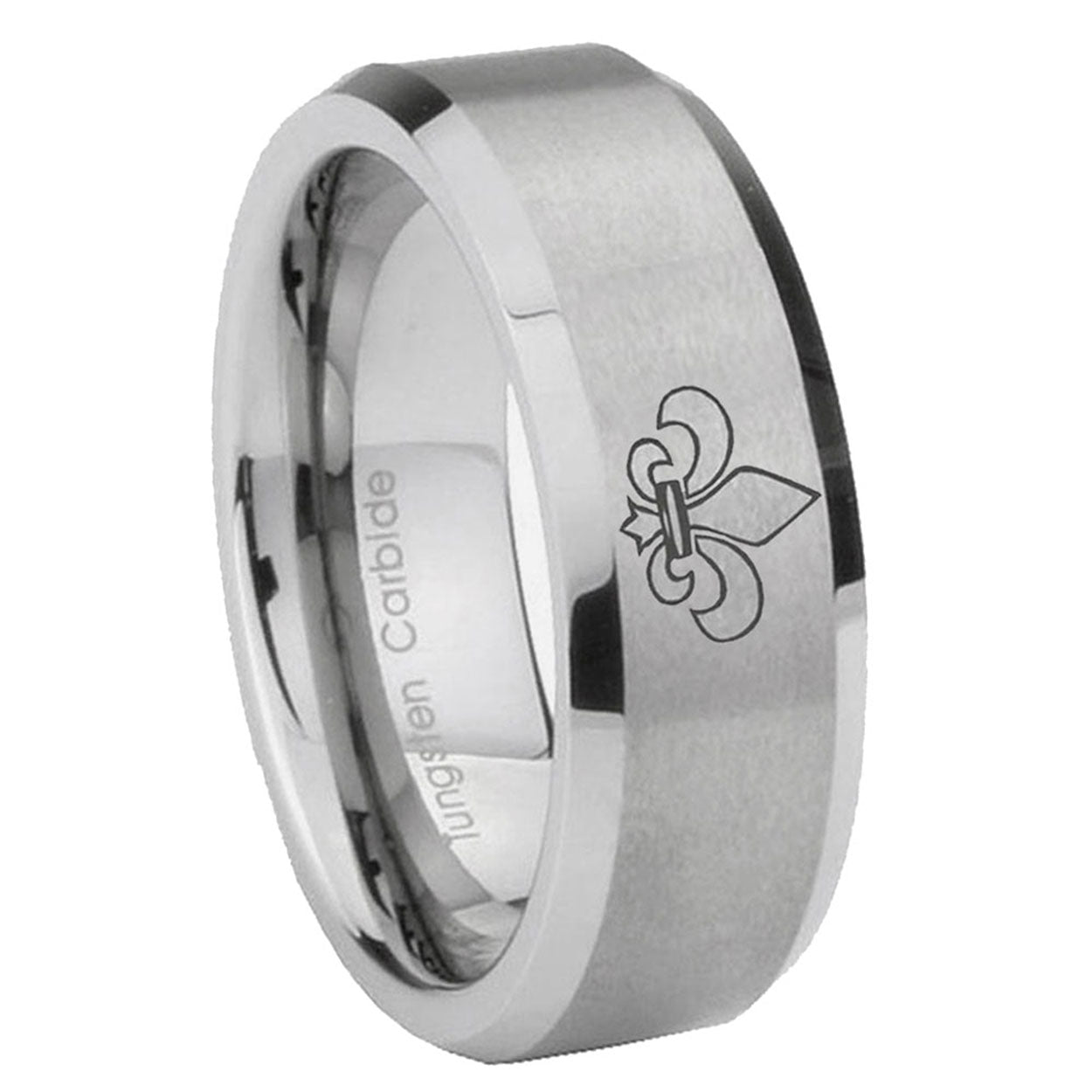 8MM Flaneur-De-Lis Beveled Brushed Gray Tungsten Mens Ring