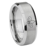 10mm Fleur Delis Beveled Edges Matte Grey Tungsten Carbide Mens Ring Engraved