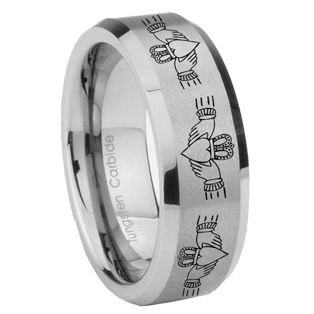 8MM Irish Claddagh Beveled Brushed Gray Tungsten Engrave Man Ring