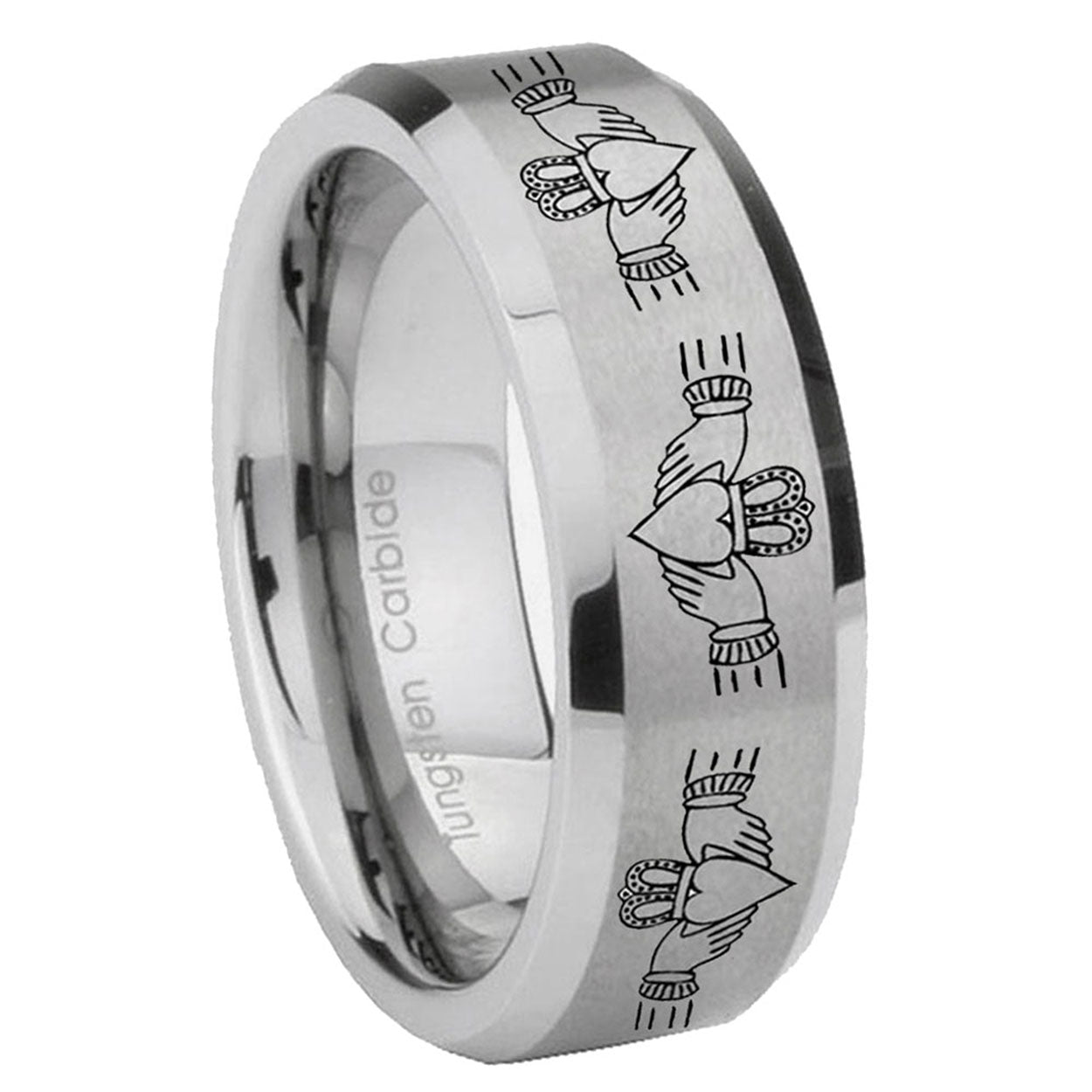 8MM Irish Claddagh Beveled Brushed Gray Tungsten Engrave Man Ring