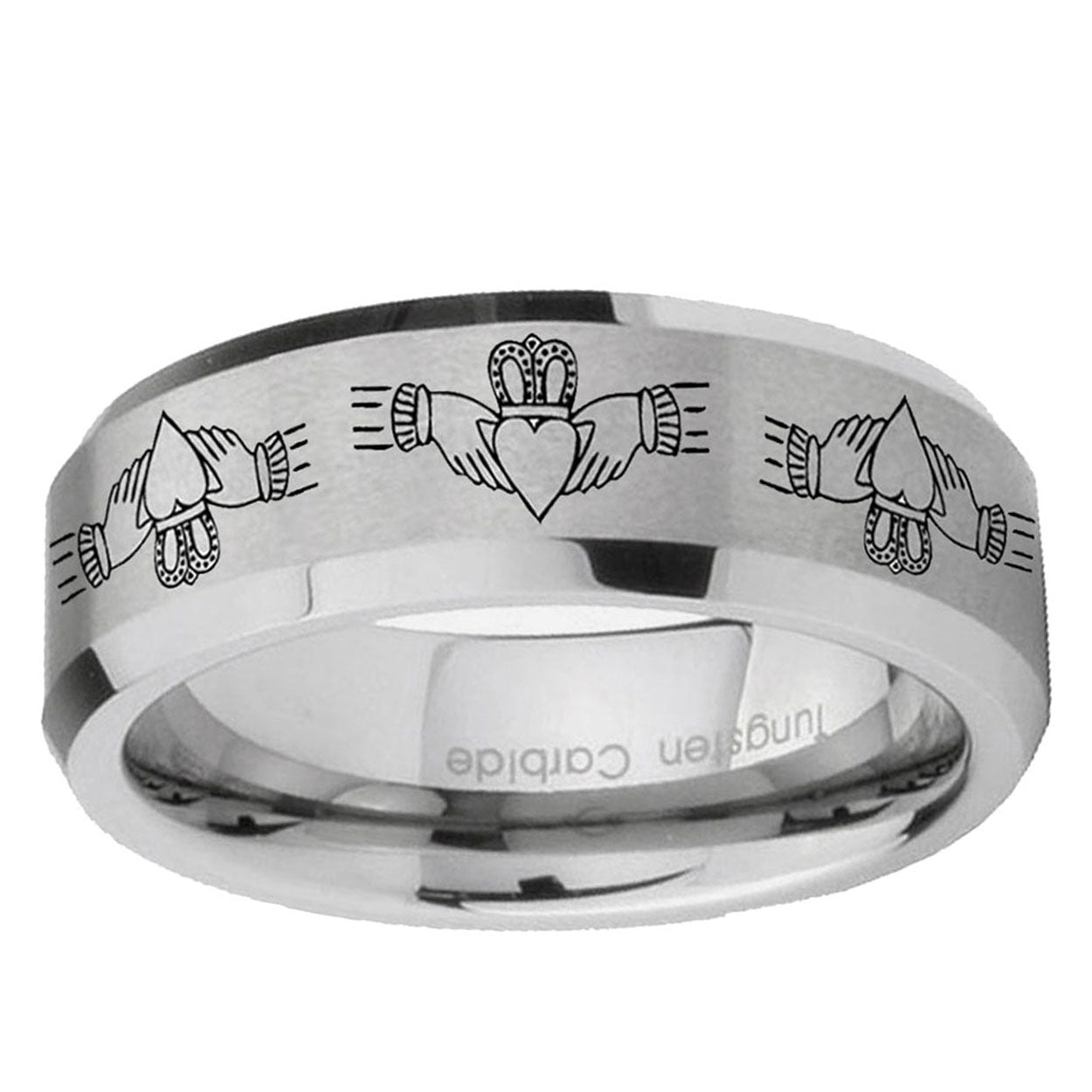 6MM Irish Claddagh Beveled Brushed Gray Tungsten Engrave Man Ring
