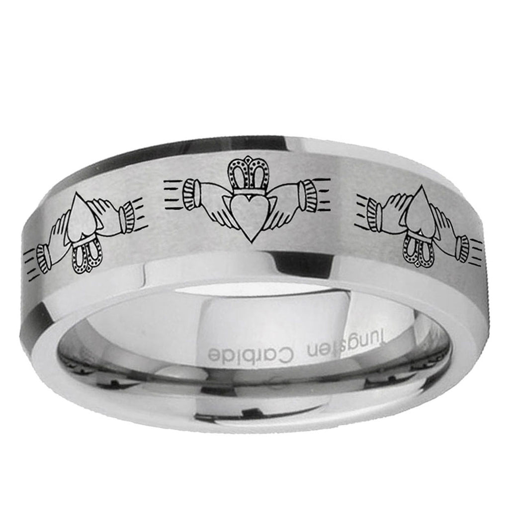 10mm Irish Claddagh Beveled Edge Matte Grey Tungsten Carbide Mens Ring