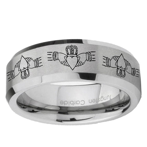 10mm Irish Claddagh Beveled Edge Matte Grey Tungsten Carbide Mens Ring