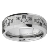 6, 8mm Irish Claddagh Beveled Edge Brushed Grey Tungsten Ring