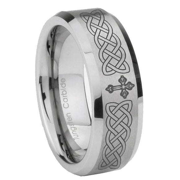 10mm-Celtic-Cross-Beveled-Edges-Matte-Grey-Tungsten-Carbide-Mens-Anniversary-Ring