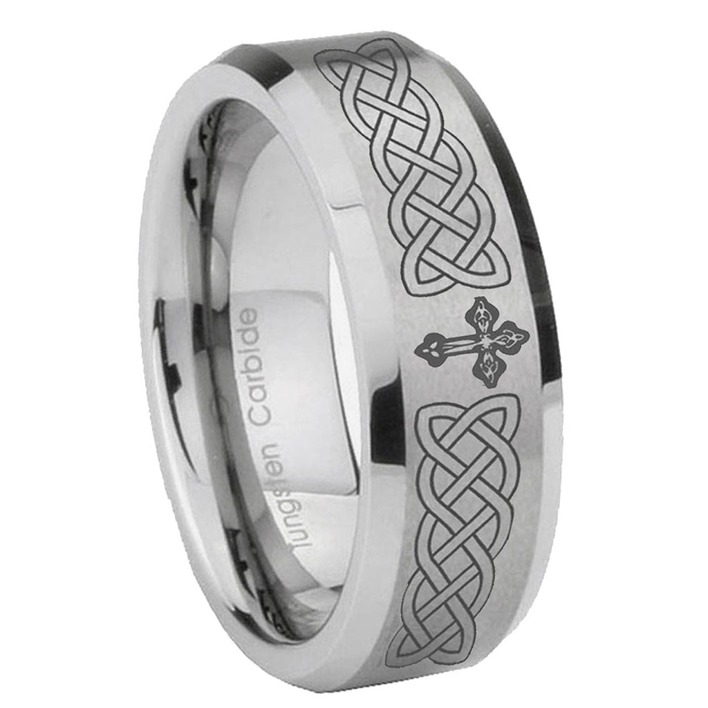 10mm Celtic Cross Beveled Edges Matte Grey Tungsten Carbide Mens Anniversary Ring