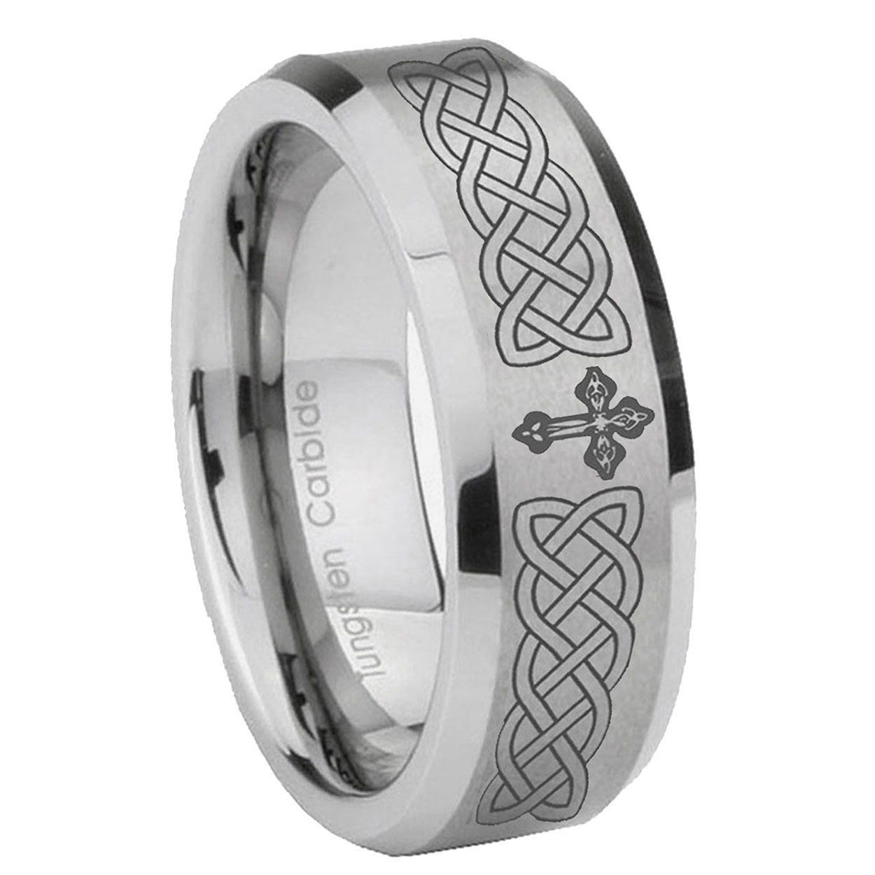 10mm Celtic Cross Beveled Edges Matte Grey Tungsten Carbide Mens Anniversary Ring