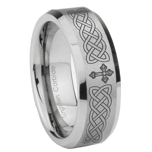 10mm Celtic Cross Beveled Edges Matte Grey Tungsten Carbide Mens Anniversary Ring