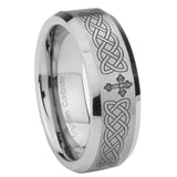 8mm Celtic Cross Beveled Edge Brushed Grey Tungsten Mens Ring Engraved