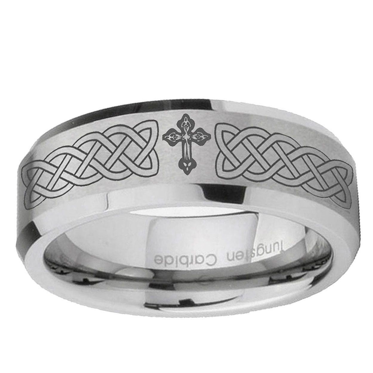 6MM Celtic Cross Beveled Brushed Gray Tungsten Men And Women Ring