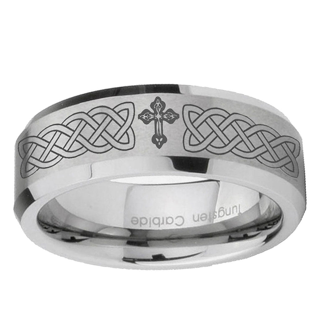 10mm Celtic Cross Beveled Edge Matte Grey Tungsten Ring