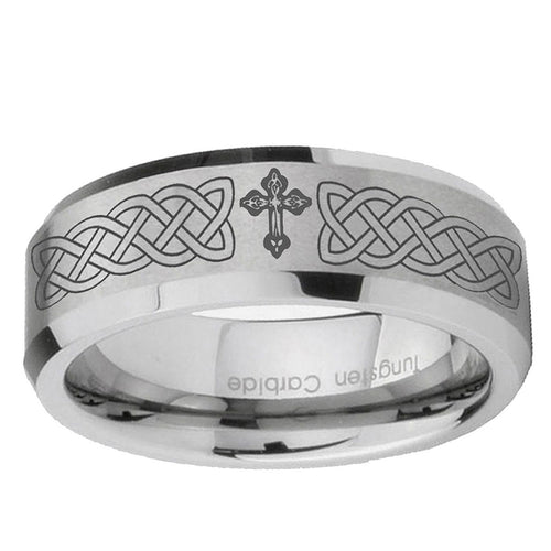 10mm Celtic Cross Beveled Edge Matte Grey Tungsten Ring