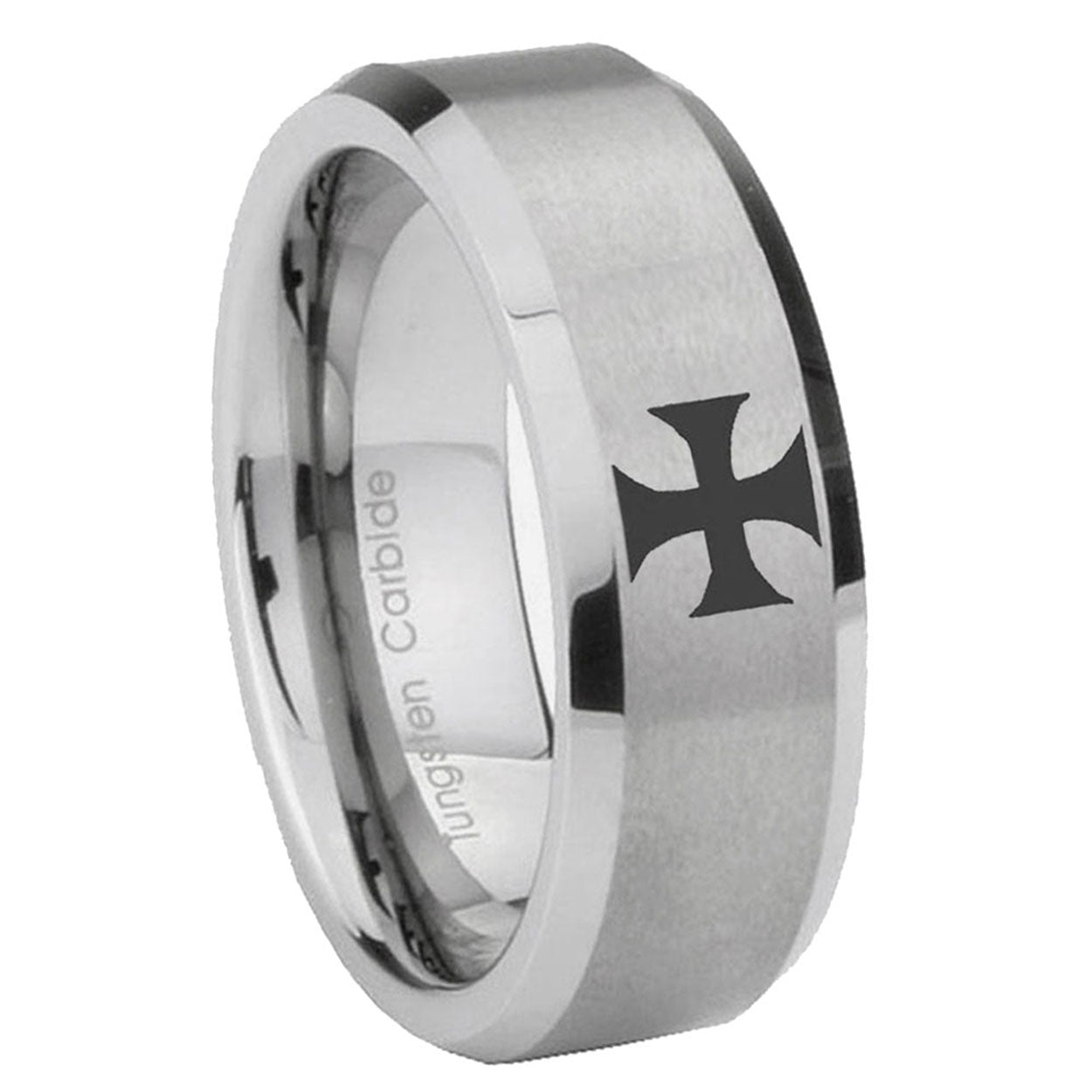 8MM Maltese Cross Beveled Brushed Gray Tungsten Ring Men