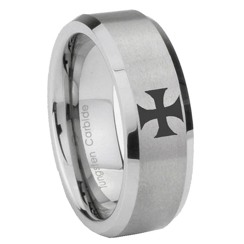 10mm Maltese Cross Beveled Edges Matte Grey Tungsten Carbide Wedding Engraving Ring