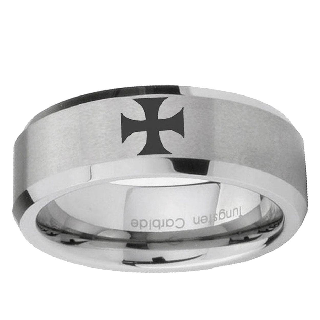 6MM Maltese Cross Beveled Brushed Gray Tungsten Ring Men