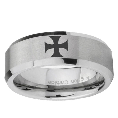 10mm Maltese Cross Beveled Edge Matte GreyTungsten Ring