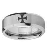 6, 8mm Maltese Cross Beveled Edge Brushed Grey Tungsten Men's Engagement Band