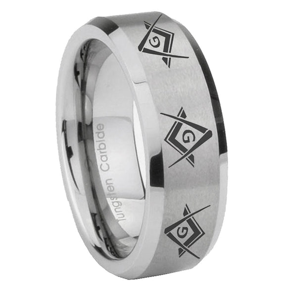 6, 8mm Master Mason Masonic  Beveled Edge Brushed Grey Tungsten Mens Ring Personalized