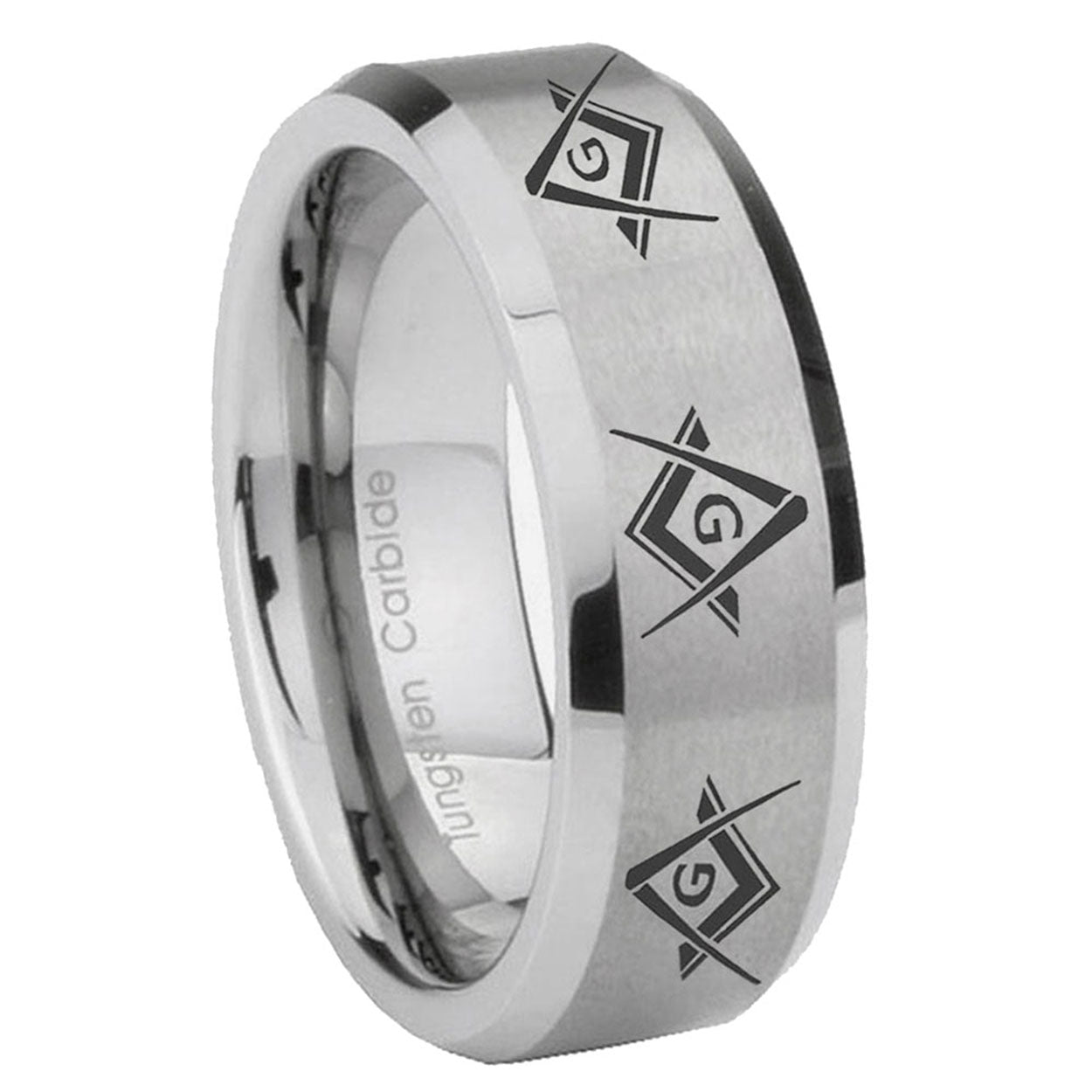 10mm Master Mason Masonic Beveled Edges Matte Grey Tungsten Men's Band Ring