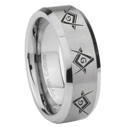 10mm Master Mason Masonic Beveled Edges Matte Grey Tungsten Men's Band Ring