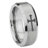 8mm Christian Cross Beveled Edge Brushed Grey Tungsten Mens Promise Ring
