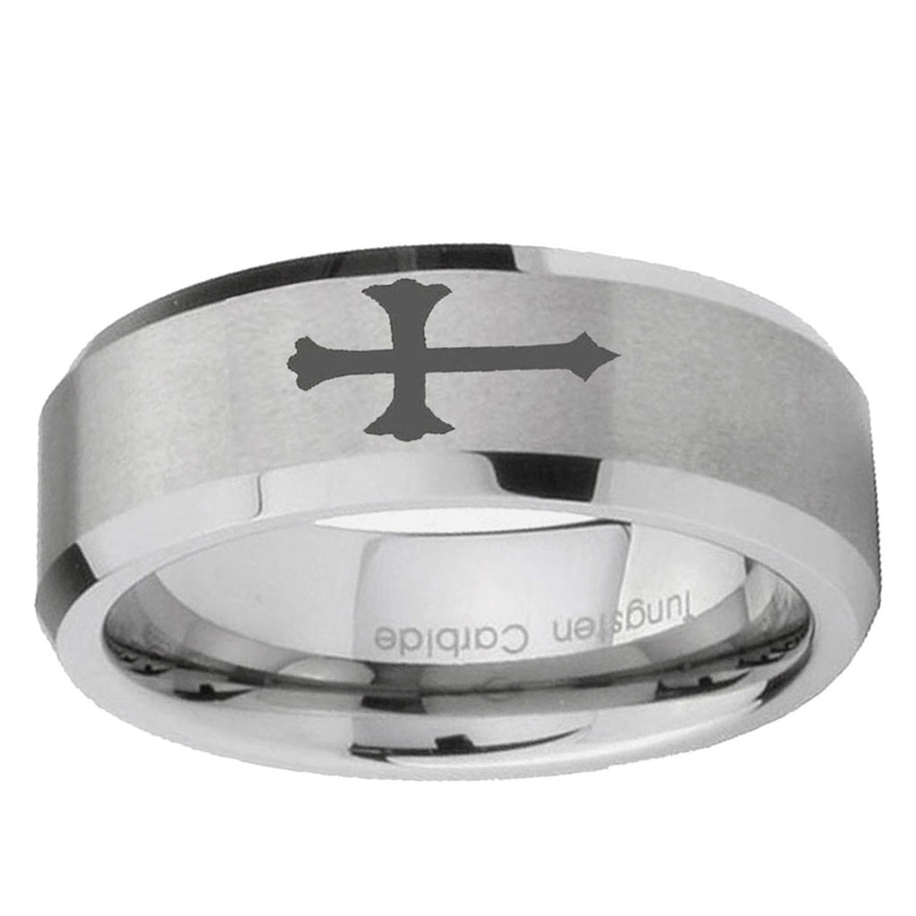 10mm Christian Cross Beveled Edge Matte Grey Tungsten Ring