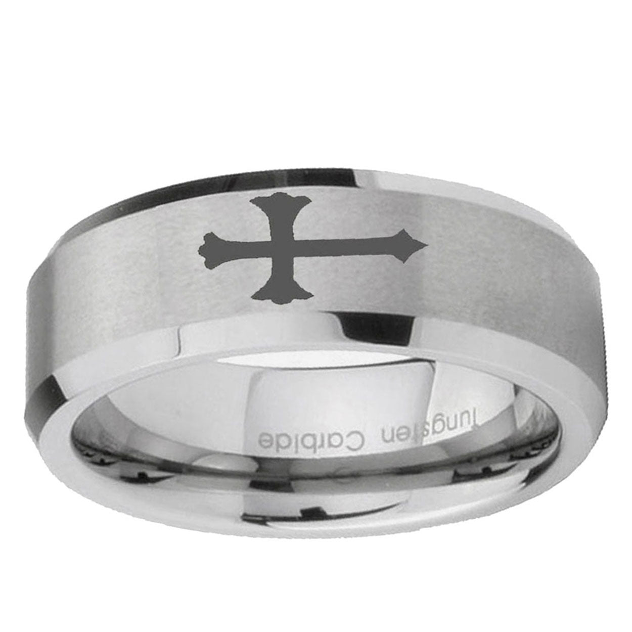 10mm Christian Cross Beveled Edge Matte Grey Tungsten Ring