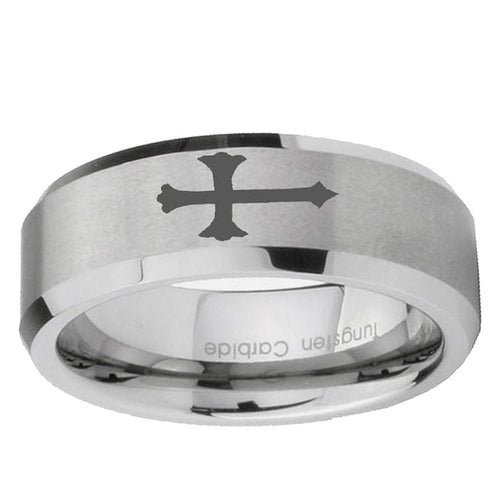 10mm Christian Cross Beveled Edge Matte Grey Tungsten Ring