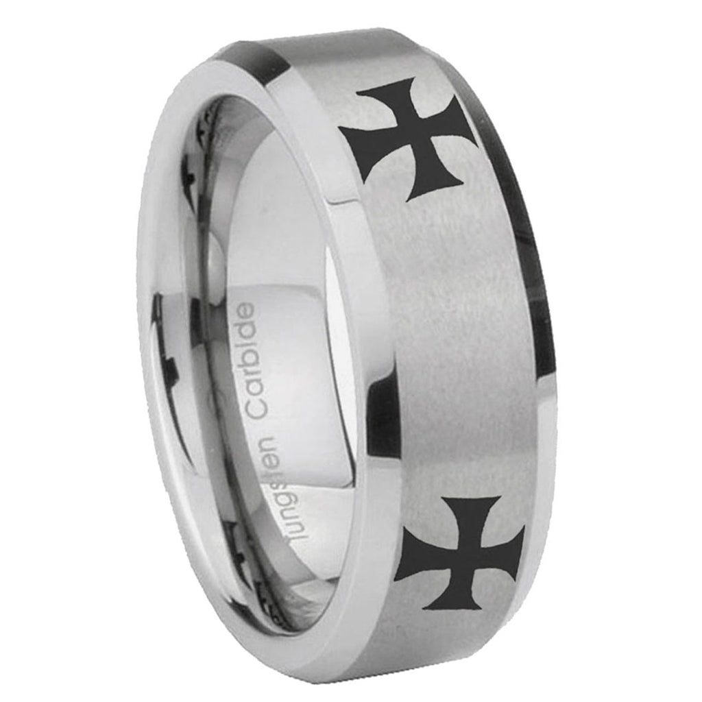 8MM 4 Maltese Cross Beveled  Brushed Gray Tungsten Ring