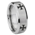 8MM 4 Maltese Cross Beveled  Brushed Gray Tungsten Ring