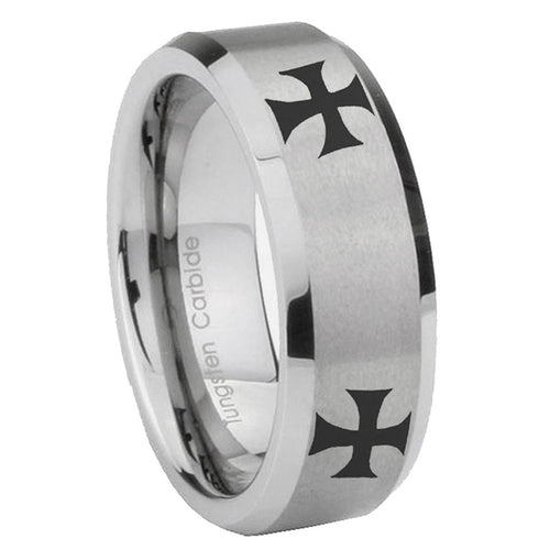 8MM 4 Maltese Cross Beveled  Brushed Gray Tungsten Ring